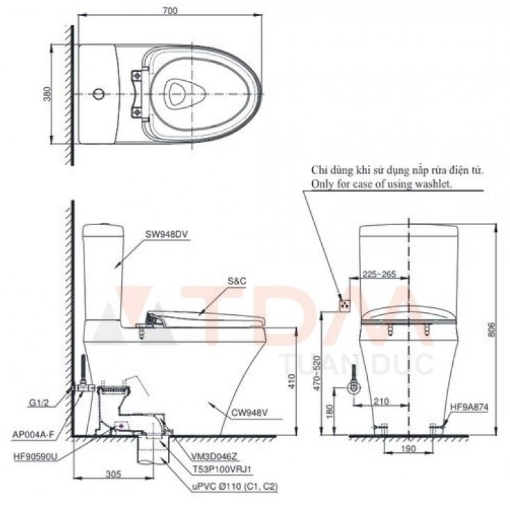 Bản vẽ kích thước bồn cầu điện tử TOTO CS 948DW18