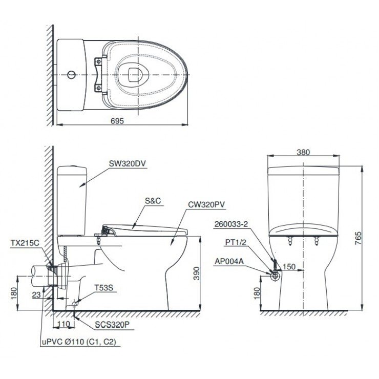 Bản vẽ kích thước bàn cầu TOTO CS320P DRT8 thoát vào tường