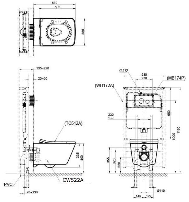 Bản vẽ kỹ thuật xí bệt CW522A#W