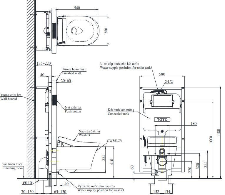 Bản vẽ kích thước xí bệt treo tường Toto CW553C