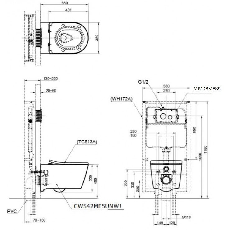 Bản vẽ kỹ thuật bồn cầu két âm Toto CW542 ME3UNW1