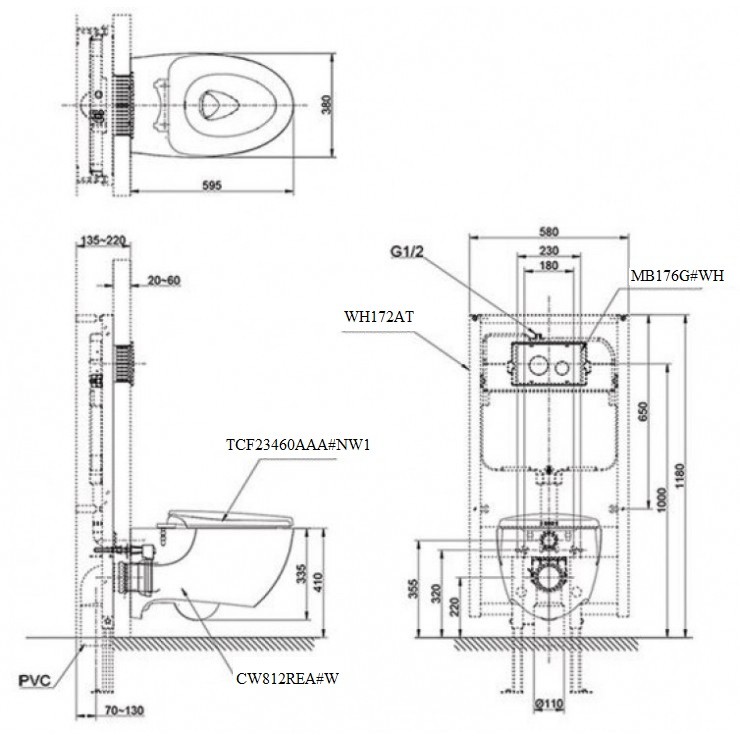 Bản vẽ kích thước bồn cầu TOTO CW812REA#W nắp điện tử TCF23460AAA#NW1