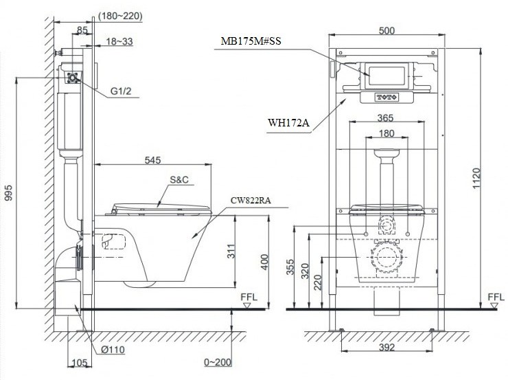 Bản vẽ kỹ thuật bệt két âm Toto CW822RA-TC385VS-WH172A-MB175M#SS