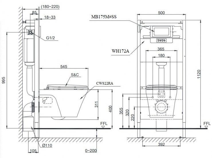 Bản vẽ kỹ thuật bệt két âm Toto CW822RA-TC600VS -WH172A-MB175M#SS