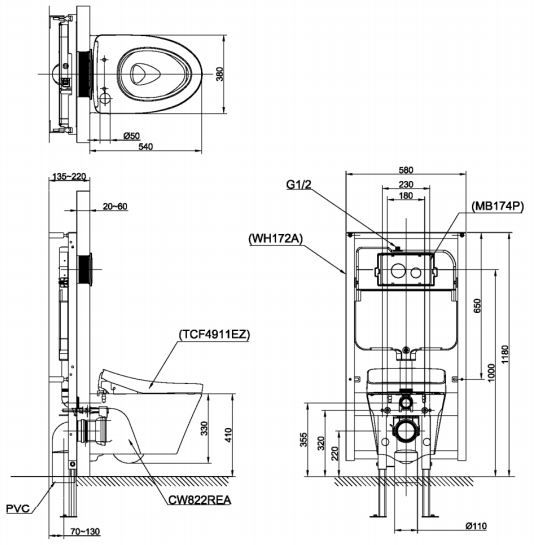 Bản vẽ kích thước bàn cầu CW822RA