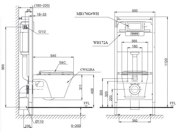 Bản vẽ kỹ thuật bệt két âm Toto CW822RA-TCW1211A-WH172A-MB176G#WH