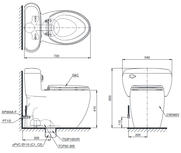 Bản vẽ bồn cầu nắp điện tử TOTO MS366W6