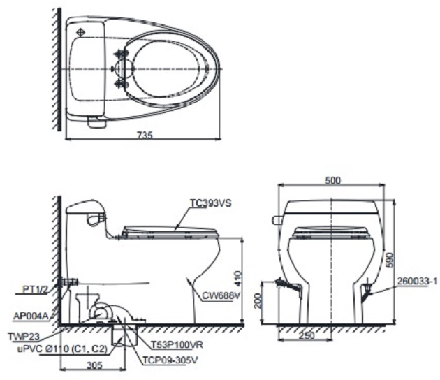 Bản vẽ kỹ thuật xí bệt 688 TOTO