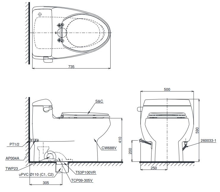 bản vẽ bồn cầu nắp điện tử TOTO MS688W6