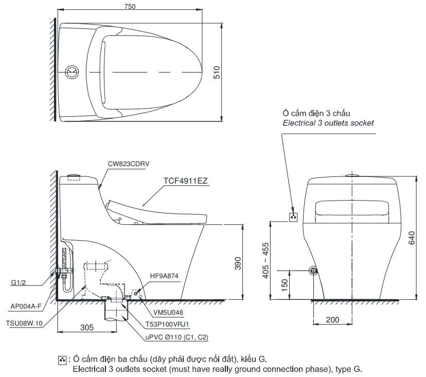 Bản vẽ bồn cầu điện tử TOTO MS887CRW12 1 khối