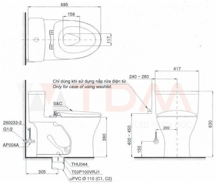 Bản vẽ kích thước bồn cầu điện tử TOTO MS 855DW18