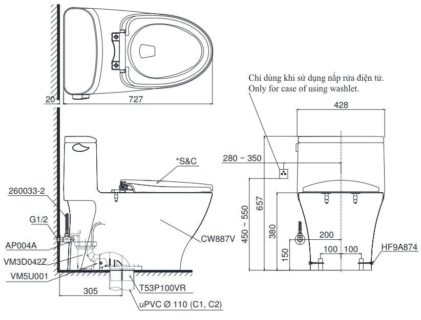 Bản vẽ kích thước bồn cầu C887CR TOTO nắp điện tử TCF23410AAA W17