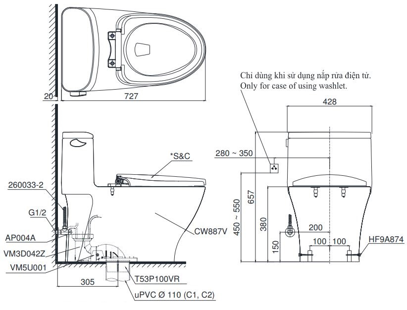 Bản vẽ bồn cầu TOTO MS887W6 1 khối