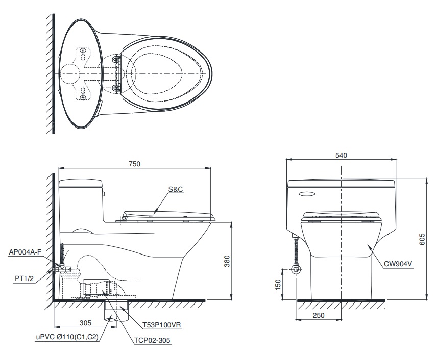 bản vẽ bồn cầu nắp điện tử TOTO MS904W6