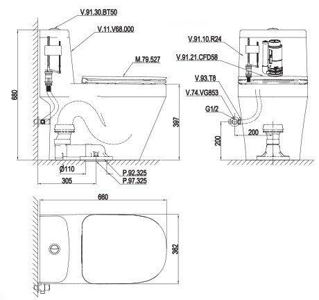 Bản vẽ bệ xí bệt V868 Viglacera 1 khối