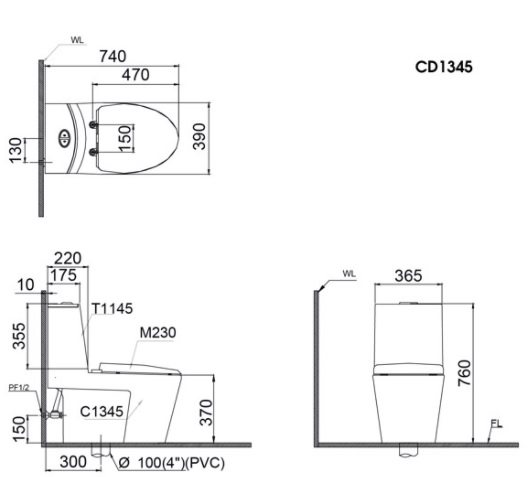 Bản vẽ kích thước bồn cầu CD1345 nắp rửa TAF050