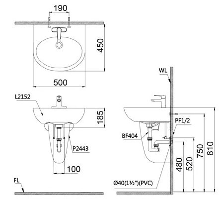 Bản vẽ kích thước chậu rửa mặt Caesar L2152 P2443