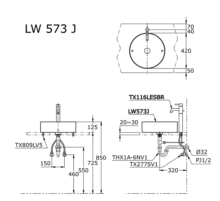 Bản vẽ kỹ thuật chậu lavabo TOTO LW573JW