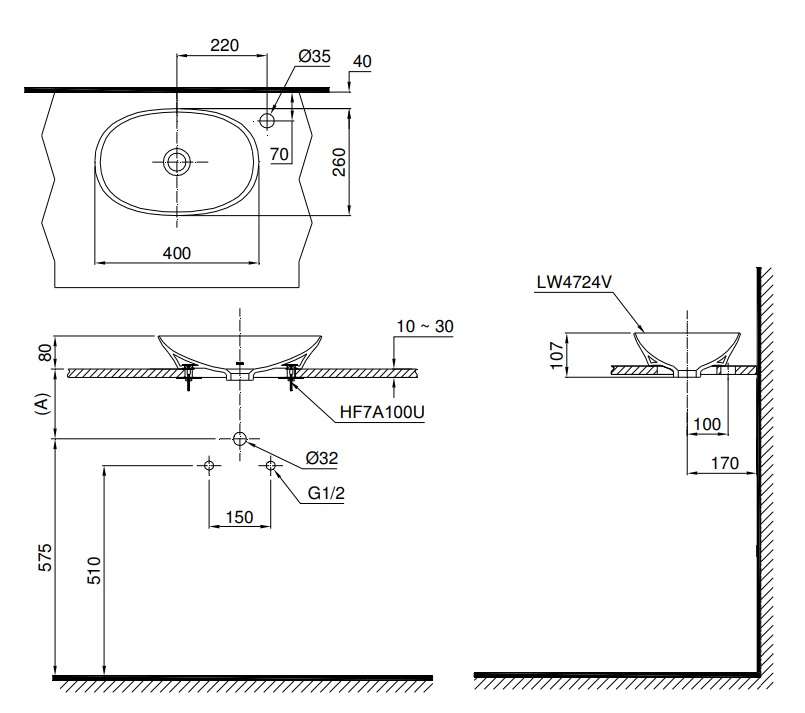 Bản vẽ chậu rửa mặt TOTO LT4724 đặt bàn