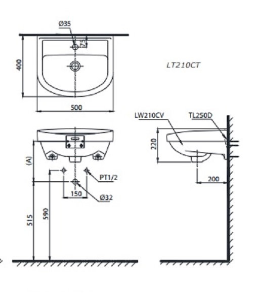 Bản vẽ bồn rửa mặt lavabo TOTO LT210CT