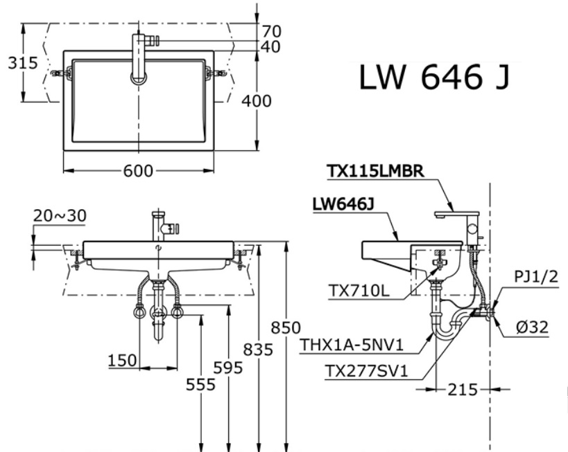 Bản vẽ bồn rửa mặt lavabo TOTO LW646