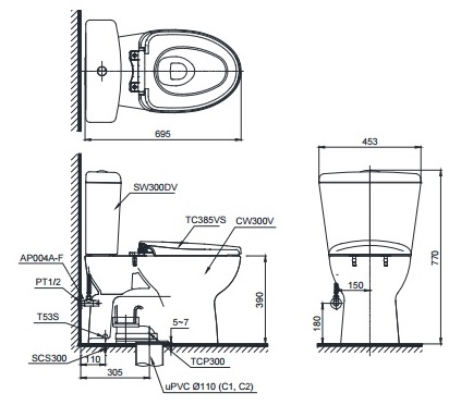 Bản vẽ kỹ thuật xí bệt TOTO CS300DT2Y1