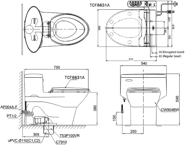 bản vẽ bồn cầu nắp điện tử TOTO MS904W7