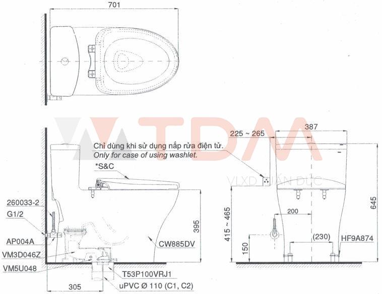 Bản vẽ kỹ thuật bàn cầu TOTO MS885T8