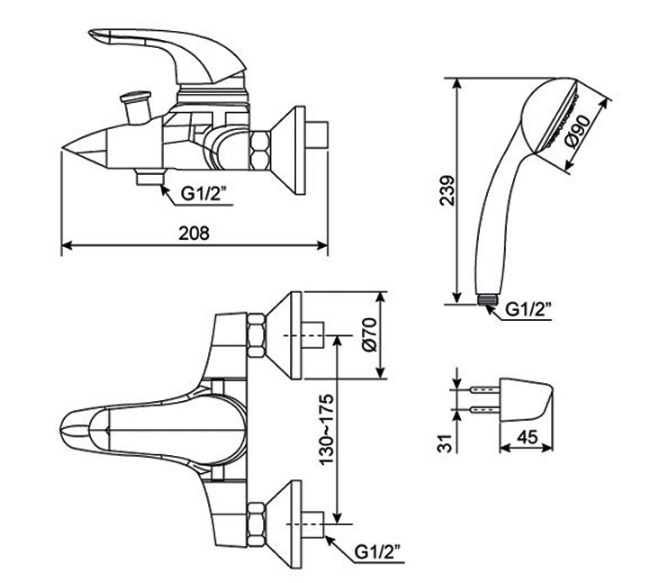 Bản vẽ kích thước vòi hoa sen American WF1511