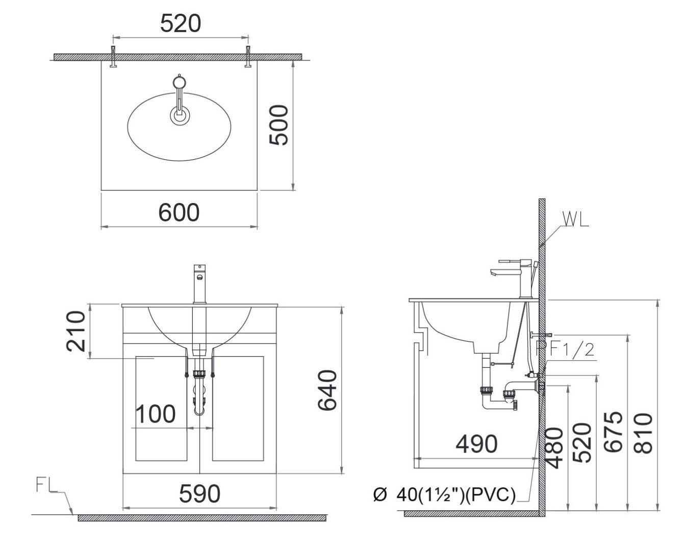 Bản vẽ kích thước lavabo Caesar LF5024-EH15024AV