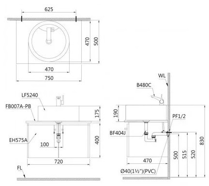 Bản vẽ kích thước chậu Caesar LF5240