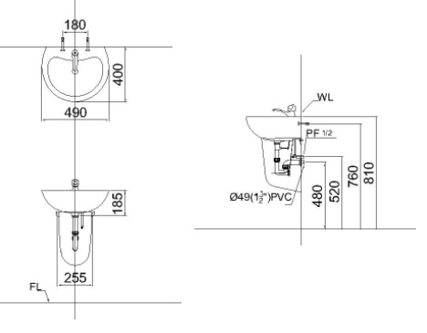 Bản vẽ kỹ thuật chậu lavabo treo tường L2150 P2443