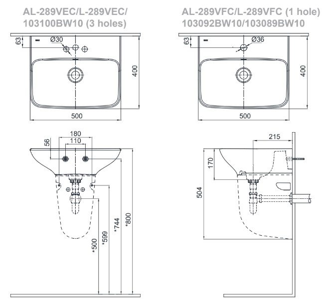 Bản vẽ chậu lavabo Inax AL-289VEC & AL-289VFC