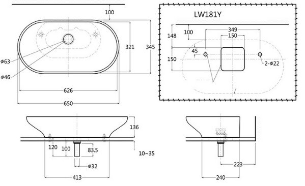 Bản vẽ kích thước lavabo LW 181Y TOTO đặt bàn