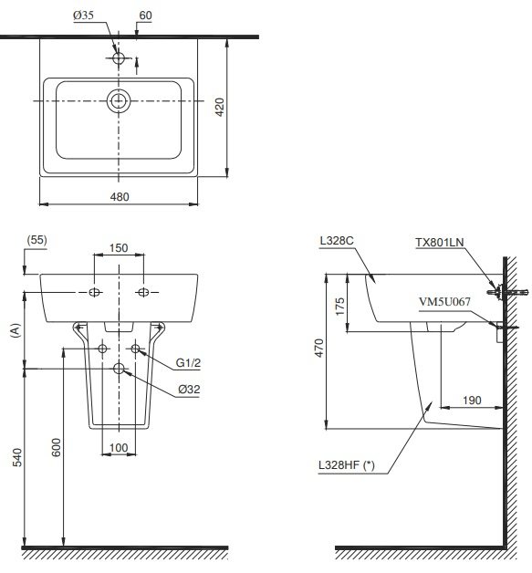 Bản vẽ kích thước bồn rửa mặt LHT328C TOTO