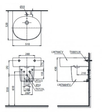 Bản vẽ bồn rửa mặt lavabo TOTO LHT766CR