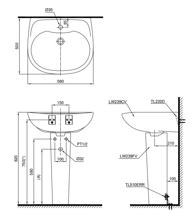 Bản vẽ bồn rửa mặt lavabo TOTO LPT239CR