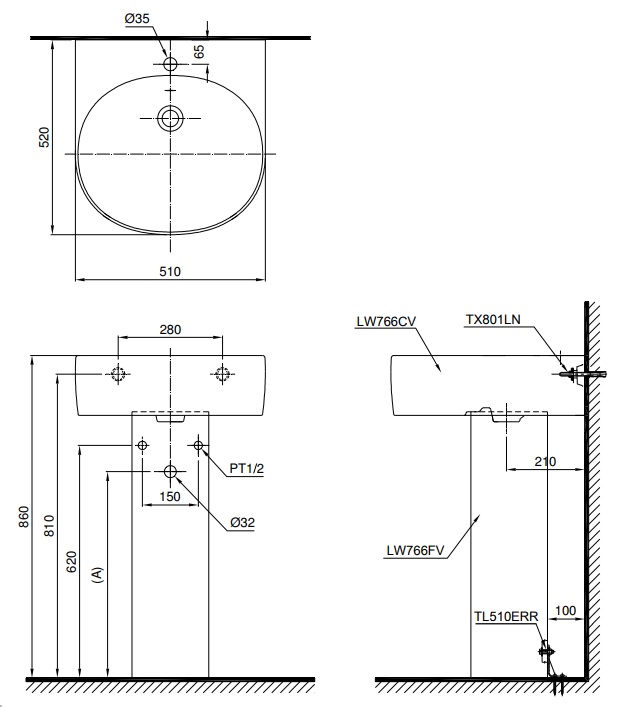 Bản vẽ bồn rửa mặt lavabo TOTO LPT766C