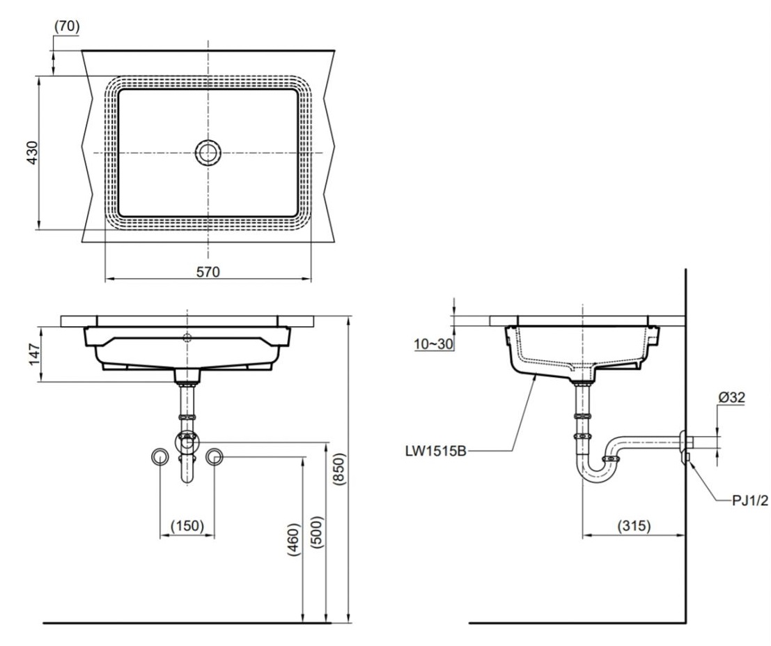 Bản vẽ bồn rửa mặt lavabo TOTO LT1515#XW​ âm bàn