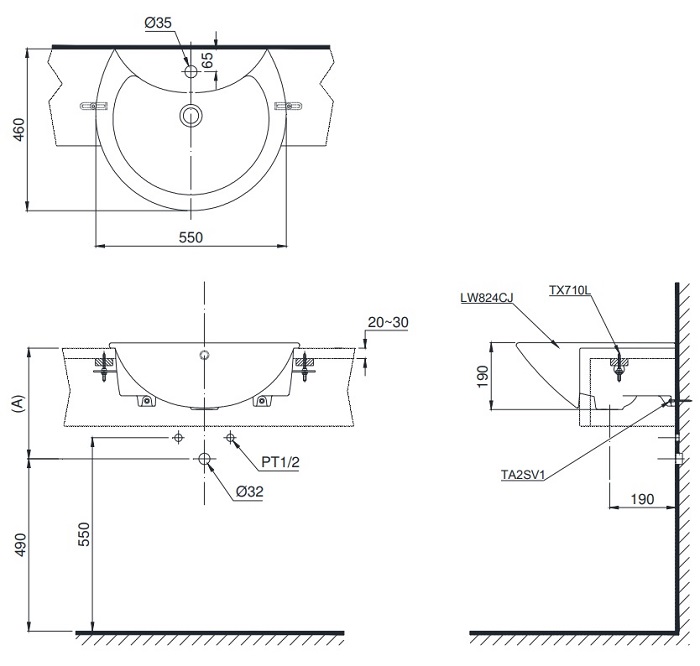 Bản vẽ bồn rửa mặt lavabo TOTO LW824