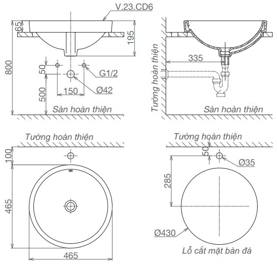 Bản vẽ kỹ thuật chậu rửa mặt CD6 Viglacera