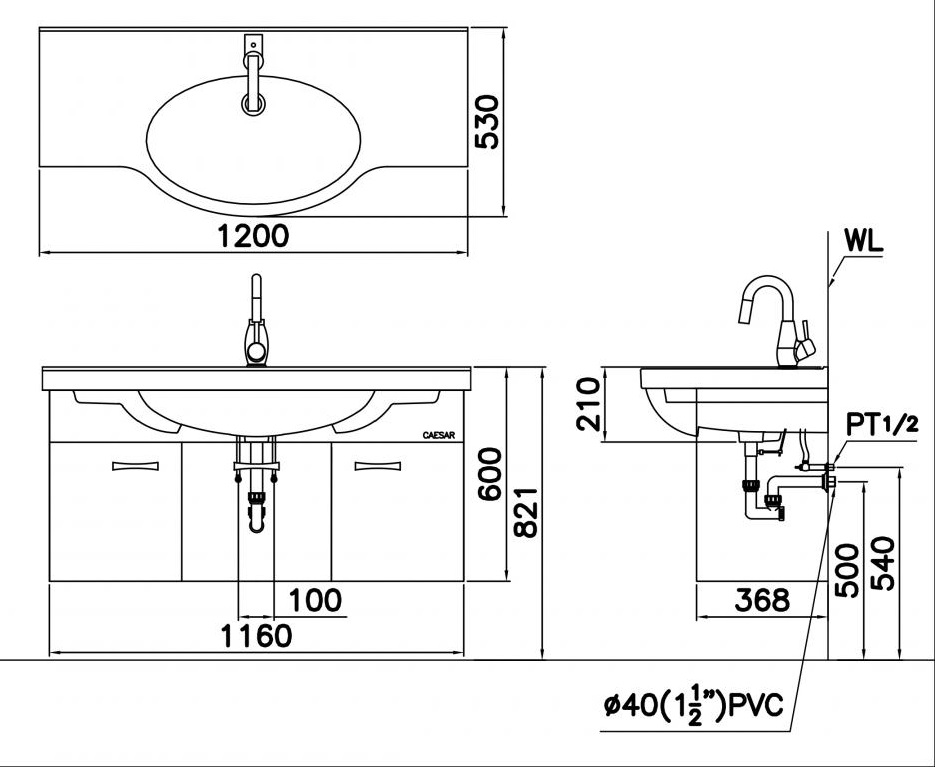 Bản vẽ kĩ thuật lavabo treo tường Caesar LF5324+EH213V