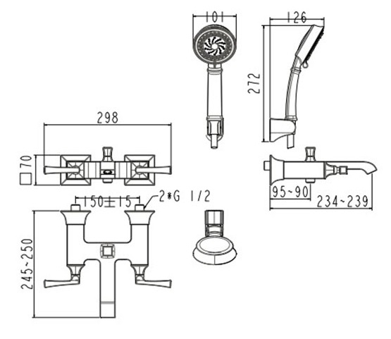 Bản vẽ kỹ thuật sen tắm WF-1611 American nóng lạnh