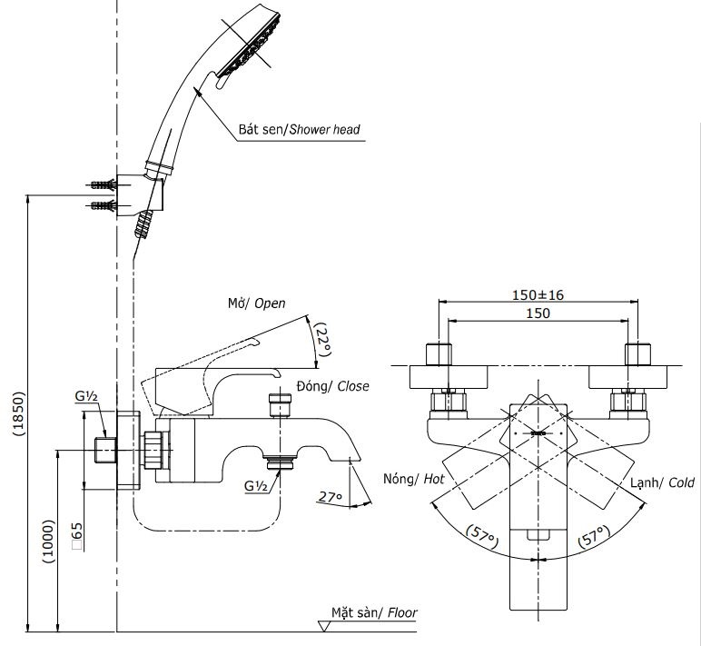 Bản vẽ bộ vòi sen TBG08302V+TBW02006A TOTO