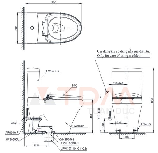 Bản vẽ kích thước bồn cầu 948DT8 TOTO