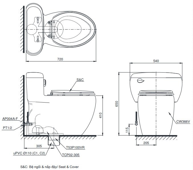 Bản vẽ kích thước bồn cầu TOTO MS366W14