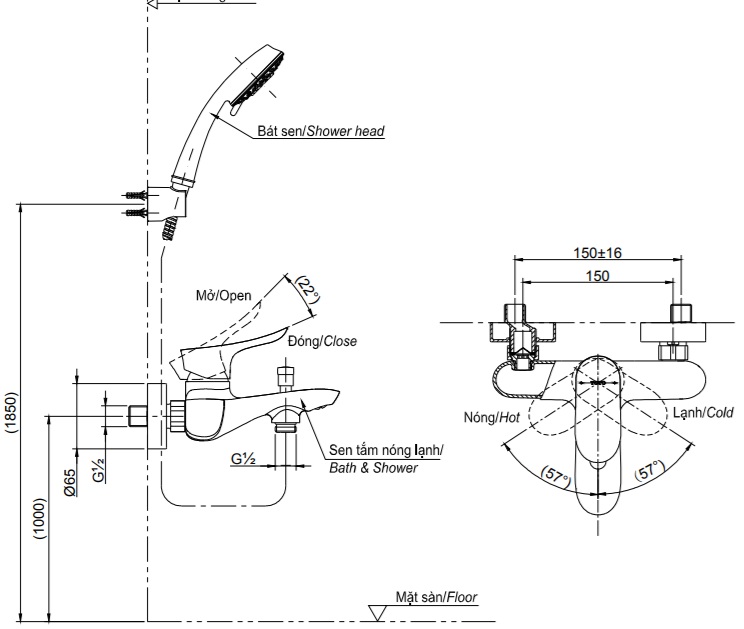 Bản vẽ vòi sen TOTO TBG01302V+TBW03002B