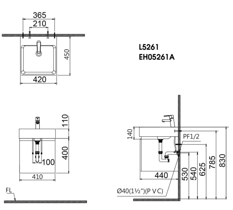 Bản vẽ kỹ thuật tủ chậu lavabo caesar L5261 EH05261A