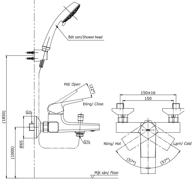 Bản vẽ bộ vòi sen TBG10302V+TBW03002B TOTO