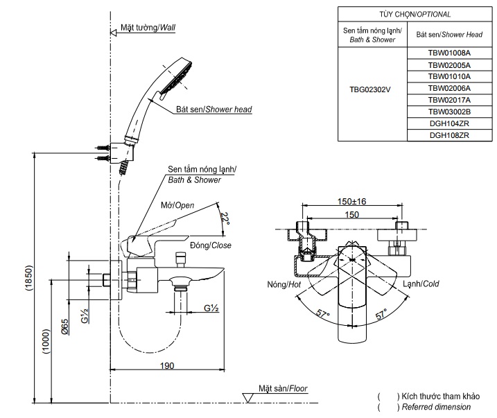 Bản vẽ vòi sen TBG02302V+TBW02006A TOTO